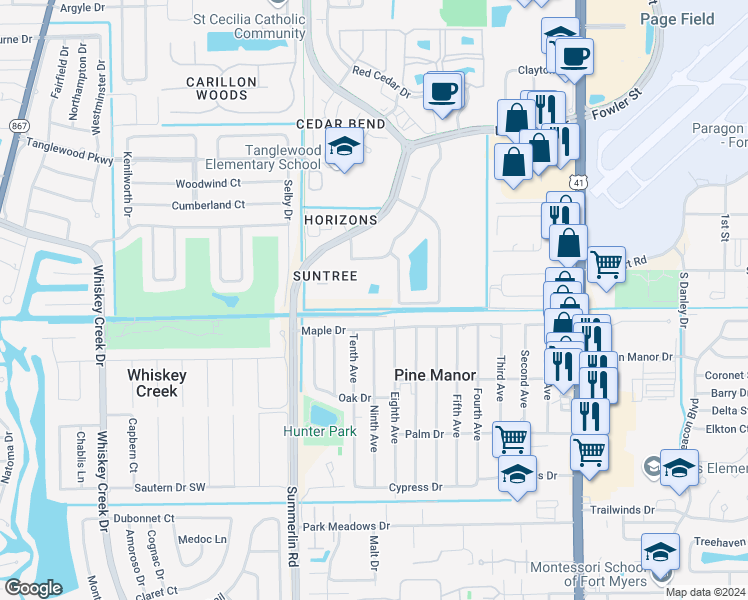 map of restaurants, bars, coffee shops, grocery stores, and more near 5353 Hawks Landing Drive in Fort Myers