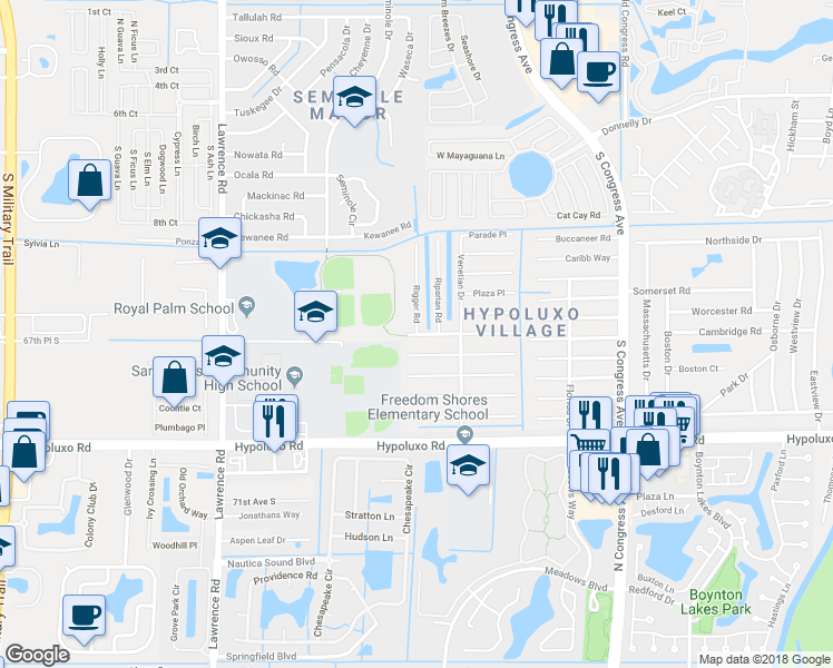 map of restaurants, bars, coffee shops, grocery stores, and more near Gondolier Way & Rigger Road in Lake Worth