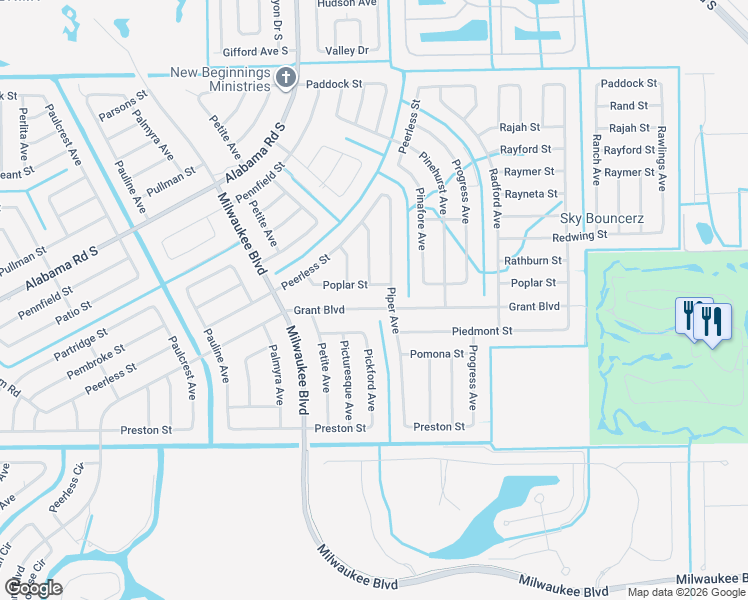 map of restaurants, bars, coffee shops, grocery stores, and more near 361 Grant Boulevard in Lehigh Acres
