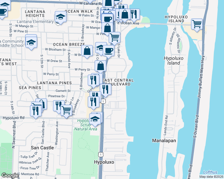 map of restaurants, bars, coffee shops, grocery stores, and more near 125 East Hart Street in Lantana