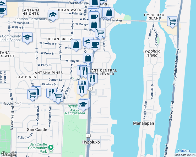map of restaurants, bars, coffee shops, grocery stores, and more near 125 East Hart Street in Lantana