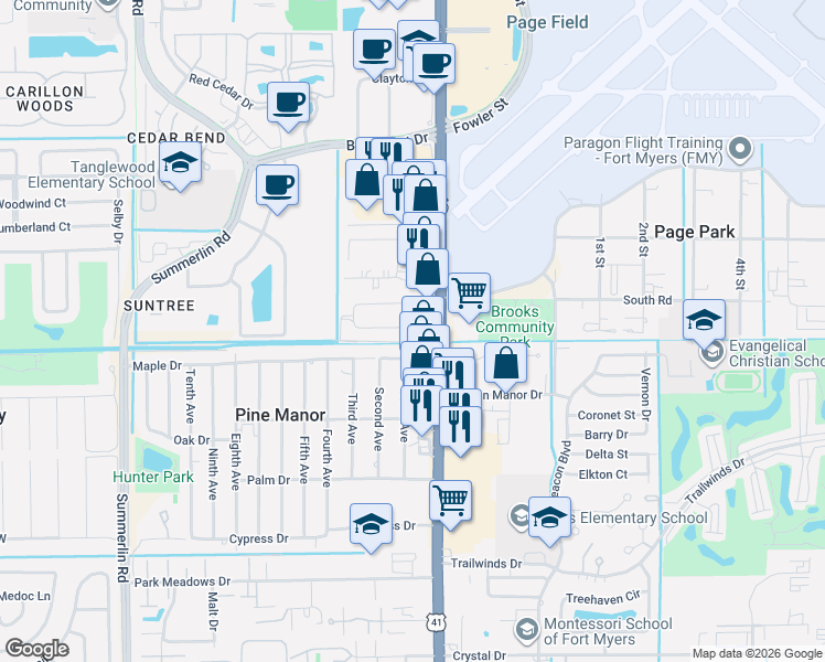 map of restaurants, bars, coffee shops, grocery stores, and more near 1966 South Pine Drive in Fort Myers