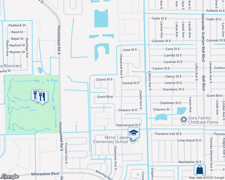 map of restaurants, bars, coffee shops, grocery stores, and more near 392 Chamonix Avenue South in Lehigh Acres
