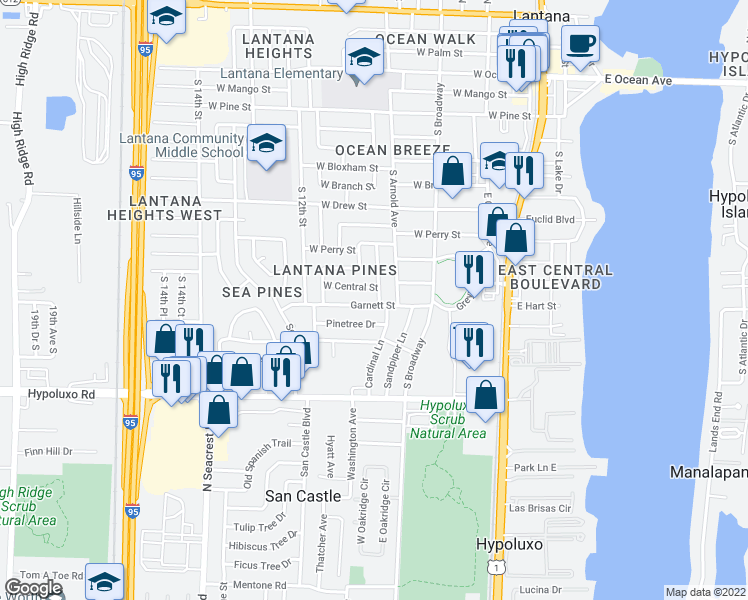 map of restaurants, bars, coffee shops, grocery stores, and more near 905 Garnett Street in Lantana