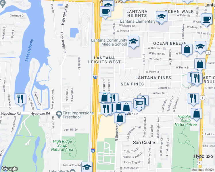 map of restaurants, bars, coffee shops, grocery stores, and more near 1043 South 14th Court in Lantana