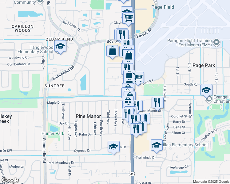 map of restaurants, bars, coffee shops, grocery stores, and more near 1930 South Pine Drive in Fort Myers
