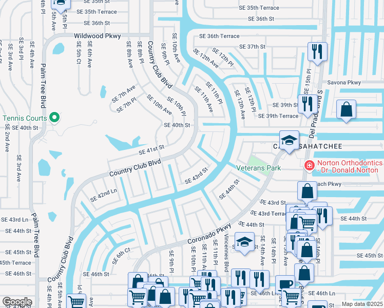 map of restaurants, bars, coffee shops, grocery stores, and more near 4108 Southeast 10th Court in Cape Coral