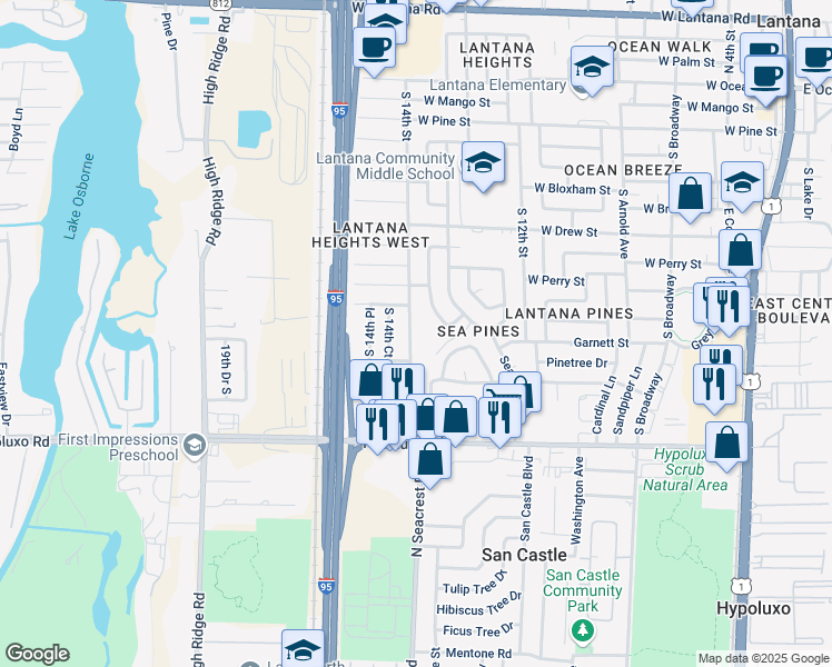 map of restaurants, bars, coffee shops, grocery stores, and more near 1111 South 14th Street in Lantana