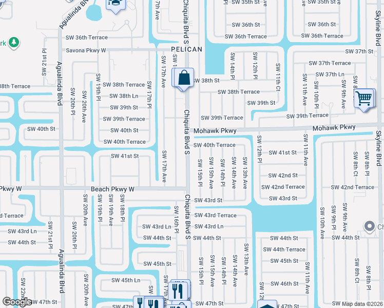map of restaurants, bars, coffee shops, grocery stores, and more near 4109 Chiquita Boulevard South in Cape Coral
