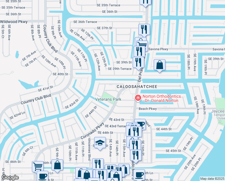 map of restaurants, bars, coffee shops, grocery stores, and more near 4118 Coronado Parkway in Cape Coral