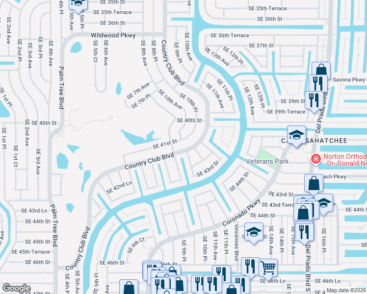map of restaurants, bars, coffee shops, grocery stores, and more near 4057 Country Club Boulevard in Cape Coral