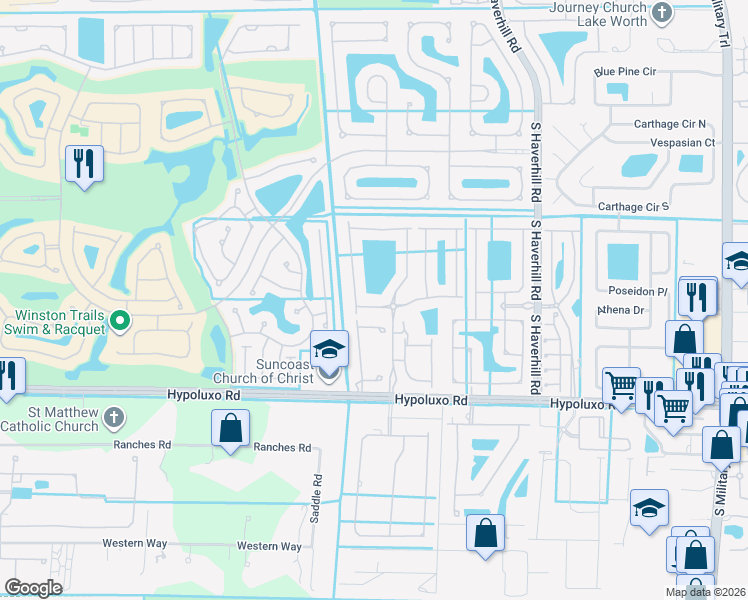 map of restaurants, bars, coffee shops, grocery stores, and more near 5414 Rivermill Lane in Lake Worth