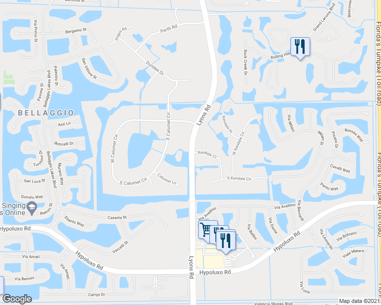 map of restaurants, bars, coffee shops, grocery stores, and more near Lyons Road & Kendale Court in Lake Worth