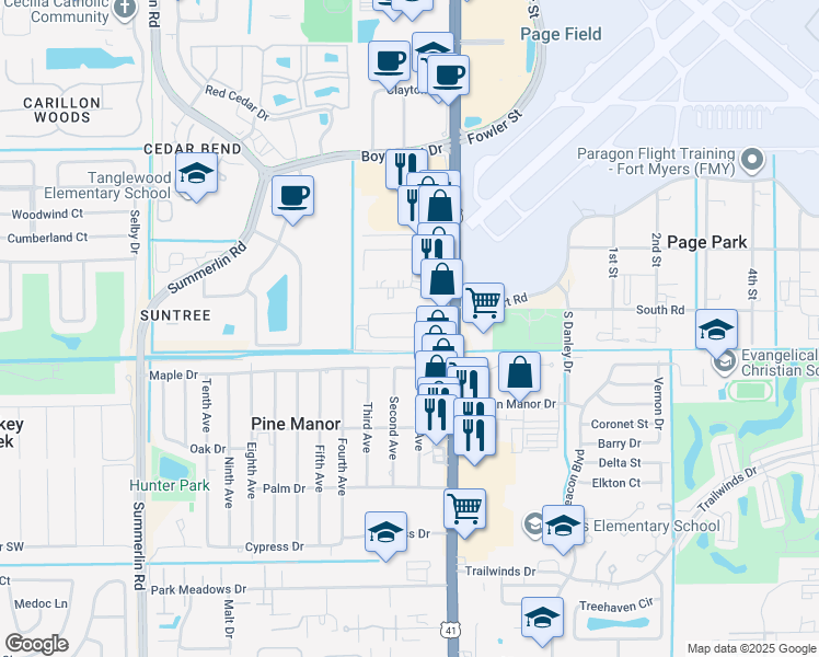 map of restaurants, bars, coffee shops, grocery stores, and more near 1966 South Pine Drive in Fort Myers