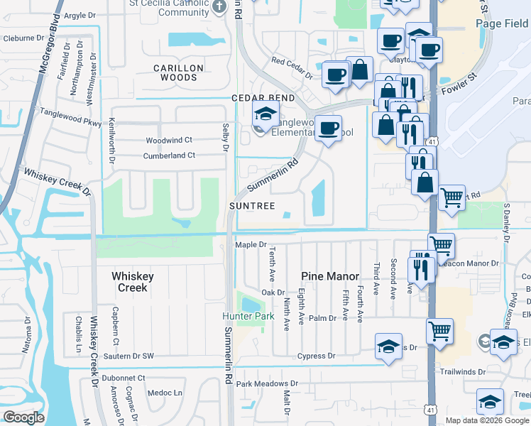 map of restaurants, bars, coffee shops, grocery stores, and more near 5303 Summerlin Road in Fort Myers