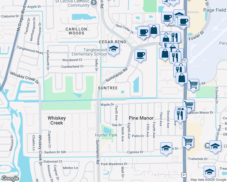 map of restaurants, bars, coffee shops, grocery stores, and more near 5303 Summerlin Road in Fort Myers