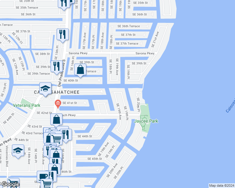 map of restaurants, bars, coffee shops, grocery stores, and more near 1927 Southeast 40th Terrace in Cape Coral