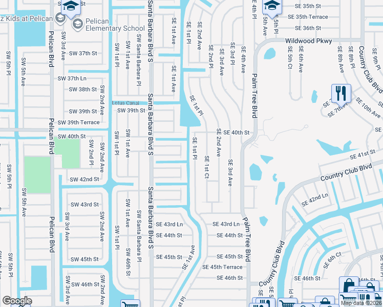 map of restaurants, bars, coffee shops, grocery stores, and more near 4015 Southeast 1st Place in Cape Coral