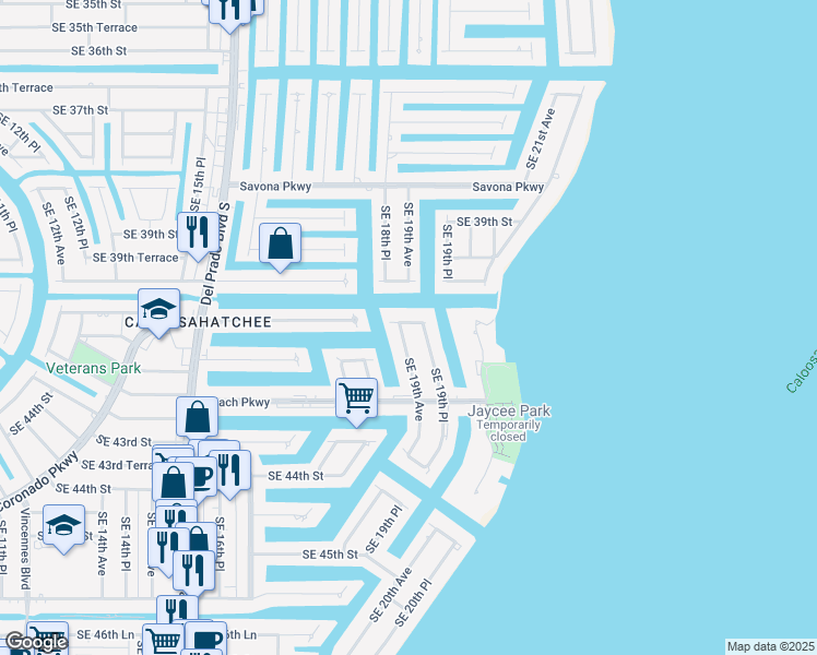 map of restaurants, bars, coffee shops, grocery stores, and more near 1927 Southeast 40th Terrace in Cape Coral