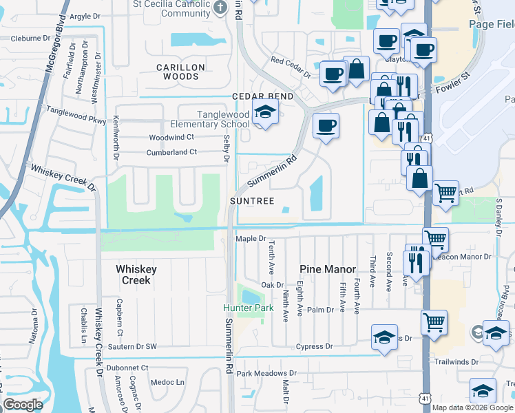 map of restaurants, bars, coffee shops, grocery stores, and more near 5303 Summerlin Road in Fort Myers