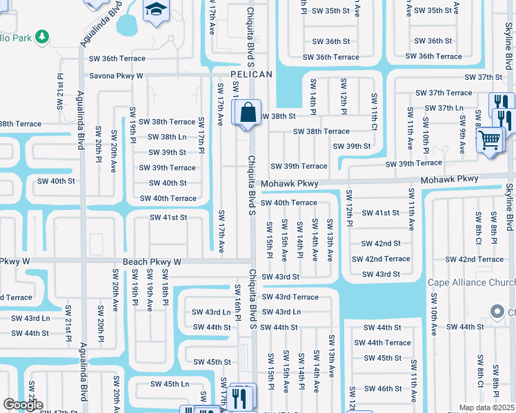 map of restaurants, bars, coffee shops, grocery stores, and more near 4009 Chiquita Boulevard South in Cape Coral