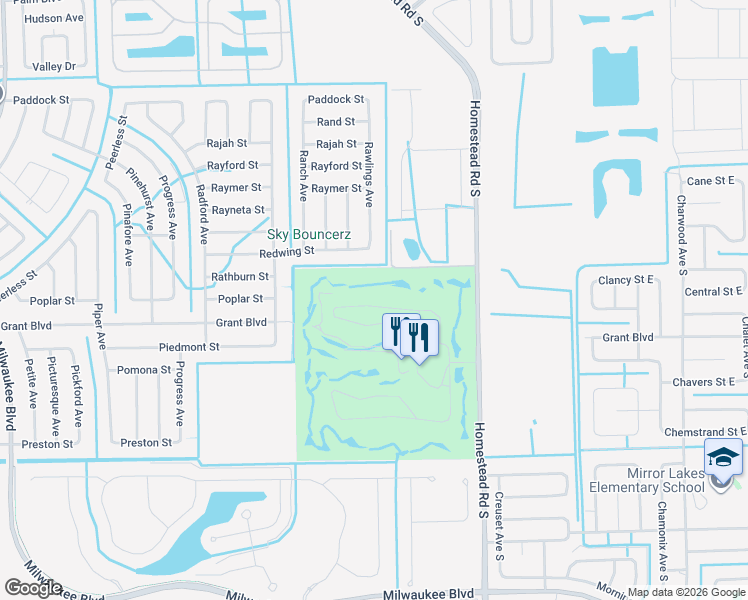 map of restaurants, bars, coffee shops, grocery stores, and more near 19953 Lake Vista Circle North in Lehigh Acres