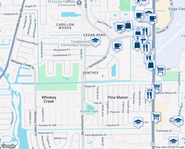 map of restaurants, bars, coffee shops, grocery stores, and more near 5303 Summerlin Road in Fort Myers