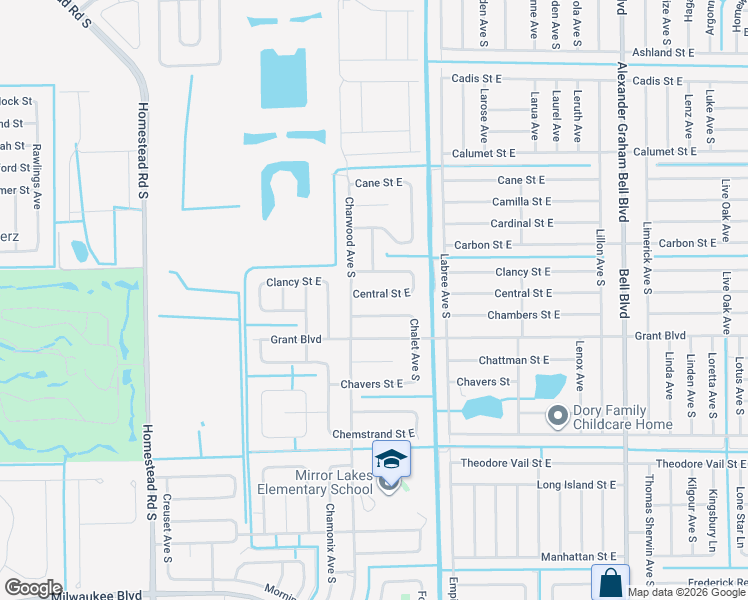 map of restaurants, bars, coffee shops, grocery stores, and more near 647 Central Street East in Lehigh Acres