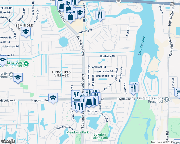map of restaurants, bars, coffee shops, grocery stores, and more near 6674 Boston Drive in Lake Worth