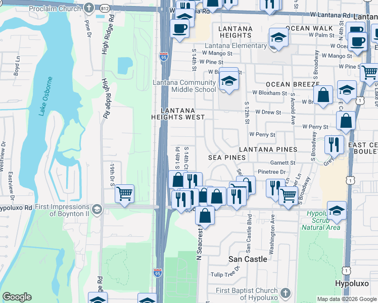 map of restaurants, bars, coffee shops, grocery stores, and more near 1411 West Central Street in Lantana