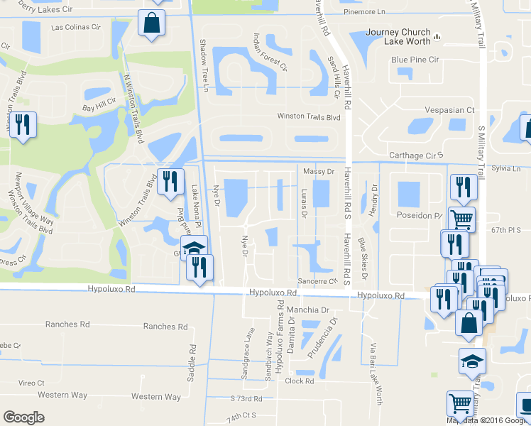 map of restaurants, bars, coffee shops, grocery stores, and more near 6711 Spring Garden Run in Lake Worth