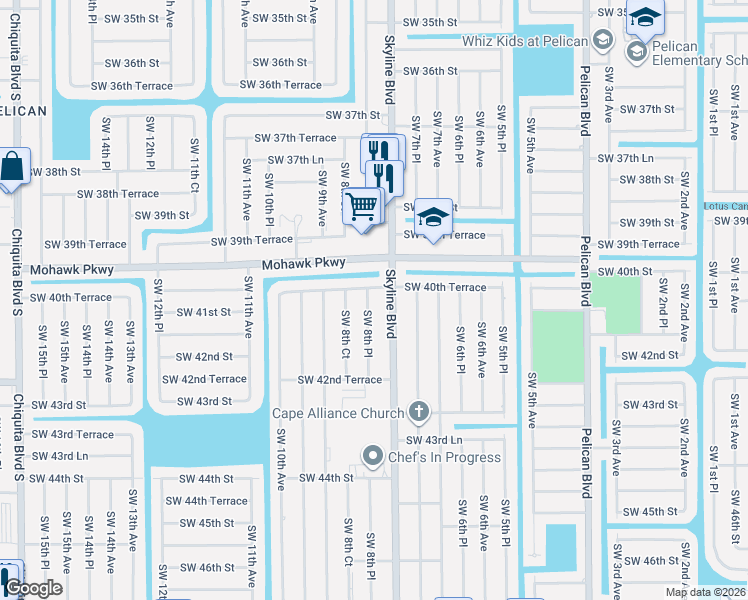 map of restaurants, bars, coffee shops, grocery stores, and more near 811 Southwest 40th Terrace in Cape Coral