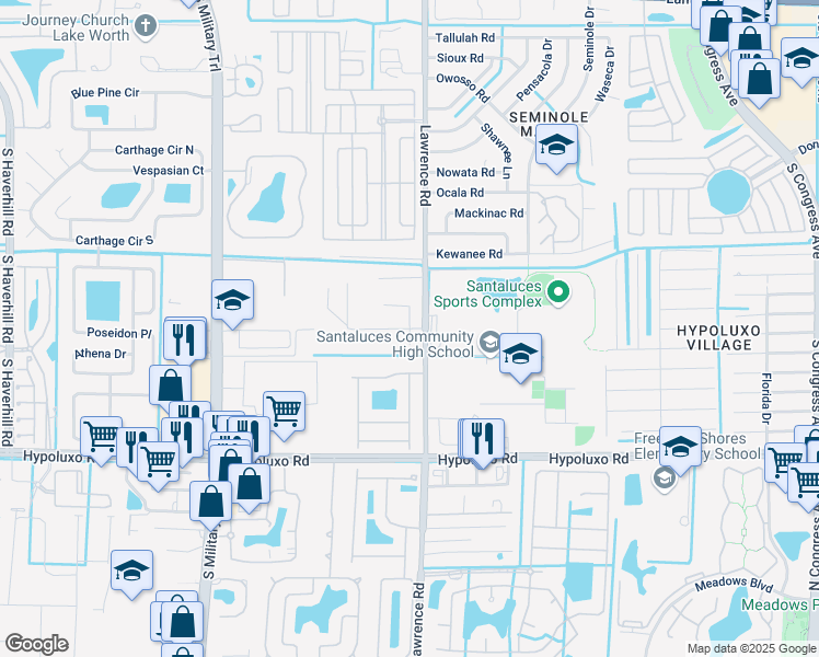 map of restaurants, bars, coffee shops, grocery stores, and more near Lawrence Woods Ct in Lantana