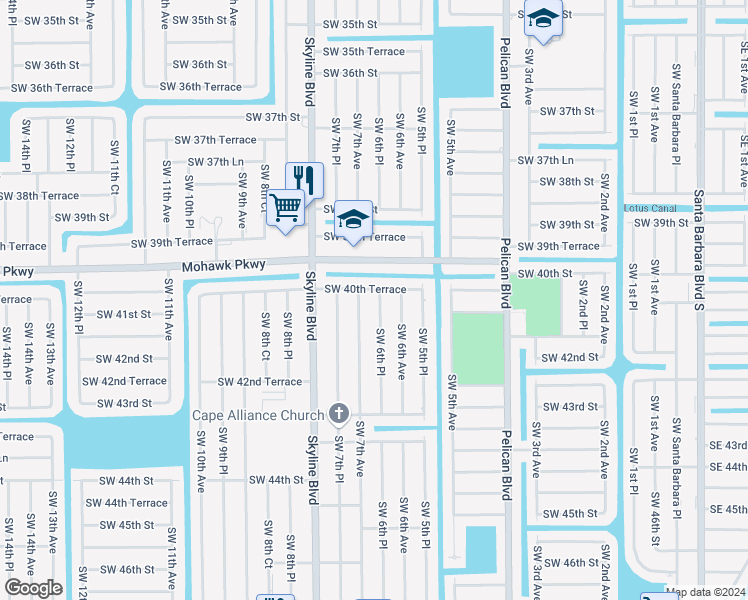 map of restaurants, bars, coffee shops, grocery stores, and more near 4024 Southwest 6th Place in Cape Coral