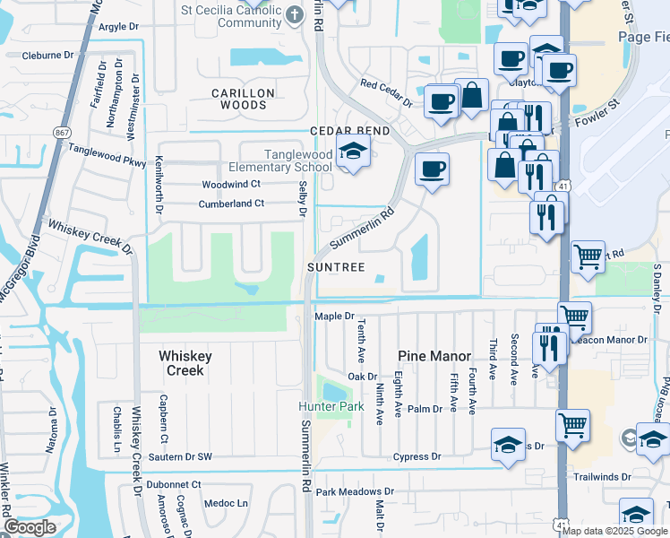 map of restaurants, bars, coffee shops, grocery stores, and more near 5315 Summerlin Road in Fort Myers