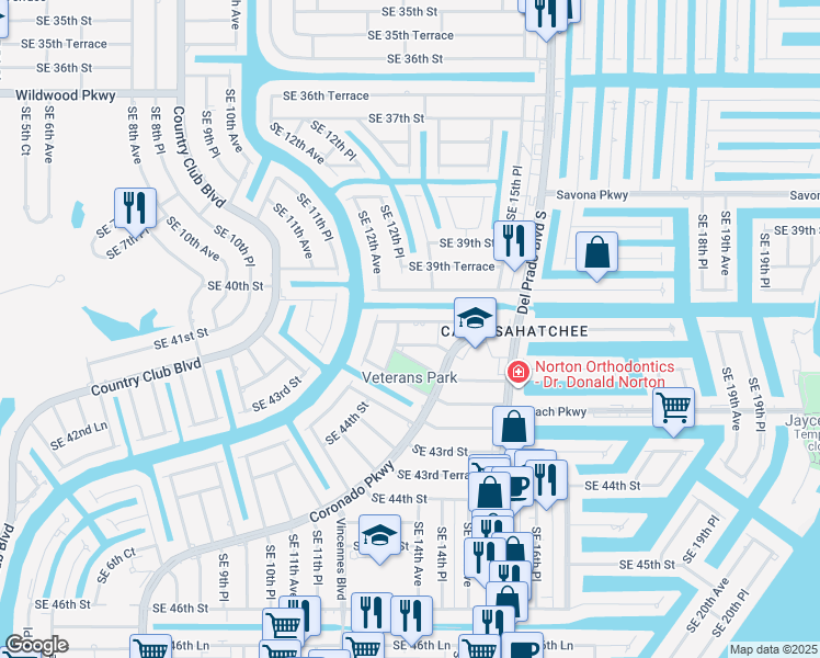 map of restaurants, bars, coffee shops, grocery stores, and more near 1211 Southeast 40th Terrace in Cape Coral
