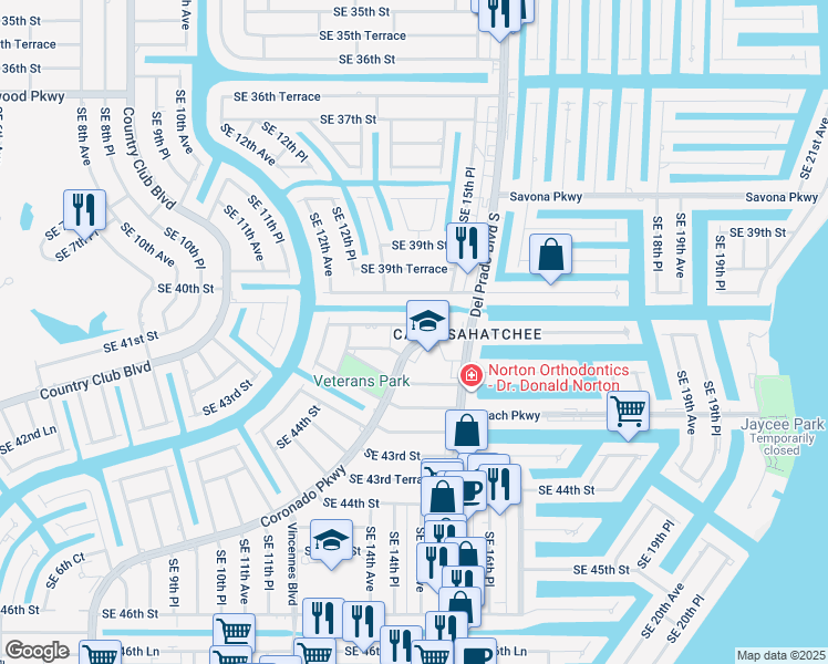 map of restaurants, bars, coffee shops, grocery stores, and more near 4030 Coronado Parkway in Cape Coral