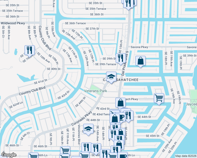 map of restaurants, bars, coffee shops, grocery stores, and more near 107 Southeast 40th Terrace in Cape Coral