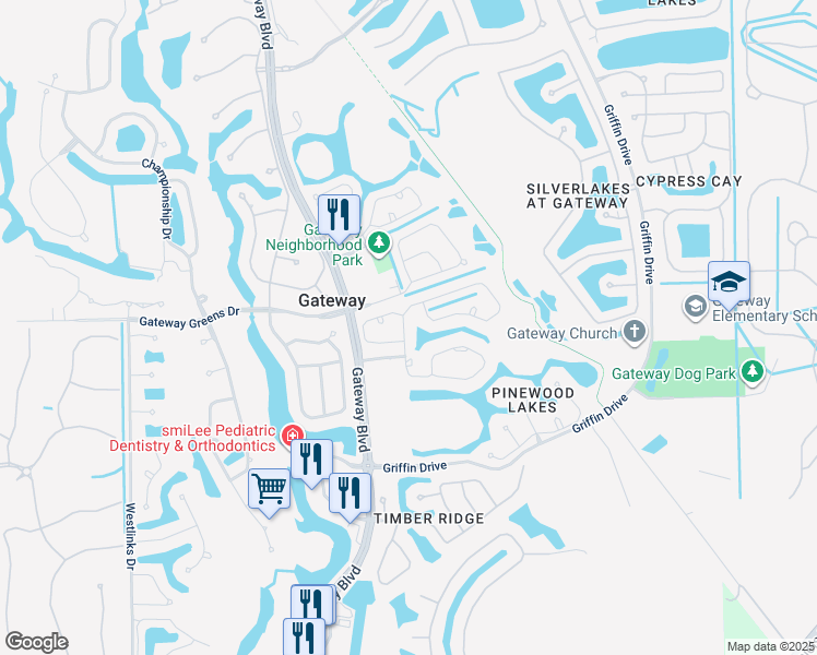 map of restaurants, bars, coffee shops, grocery stores, and more near 11386 Waterford Village Drive in Fort Myers