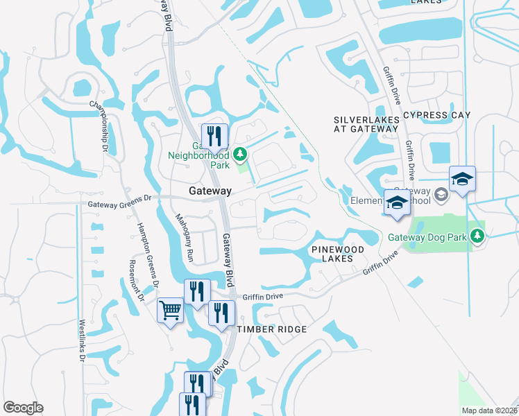 map of restaurants, bars, coffee shops, grocery stores, and more near 11386 Waterford Village Drive in Fort Myers