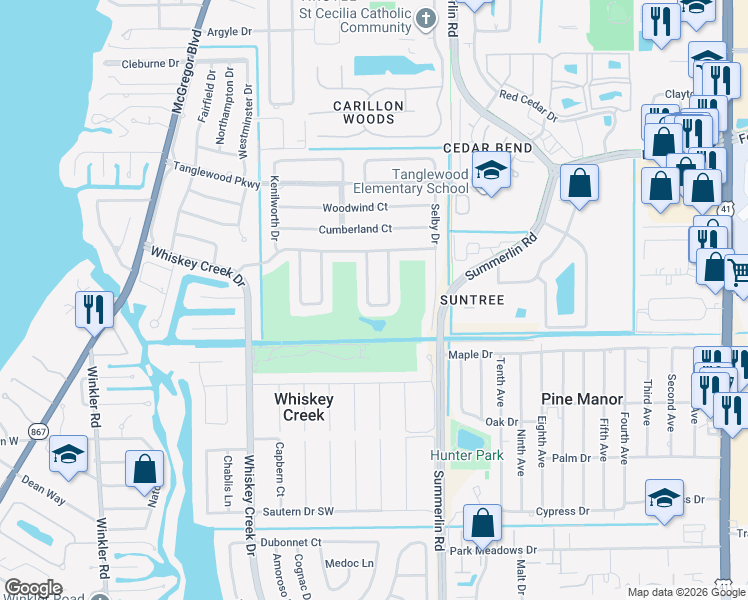 map of restaurants, bars, coffee shops, grocery stores, and more near 5338 Shalley Circle East in Fort Myers
