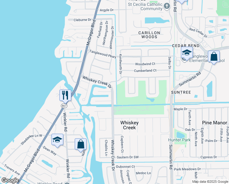 map of restaurants, bars, coffee shops, grocery stores, and more near 1405 Whiskey Creek Drive in Fort Myers