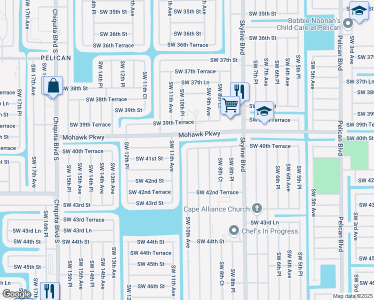map of restaurants, bars, coffee shops, grocery stores, and more near 3603 Southwest 10th Avenue in Cape Coral