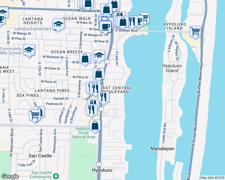 map of restaurants, bars, coffee shops, grocery stores, and more near 130 Milton Street in Lantana