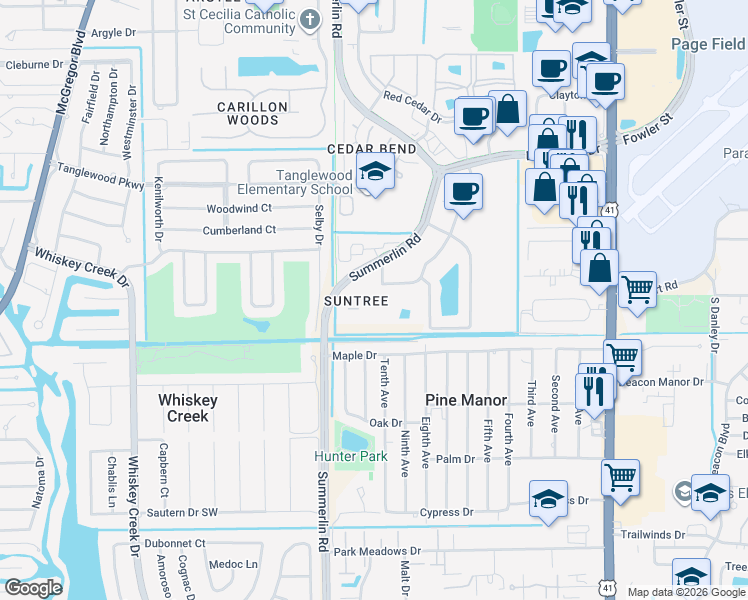 map of restaurants, bars, coffee shops, grocery stores, and more near 5303 Summerlin Road in Fort Myers