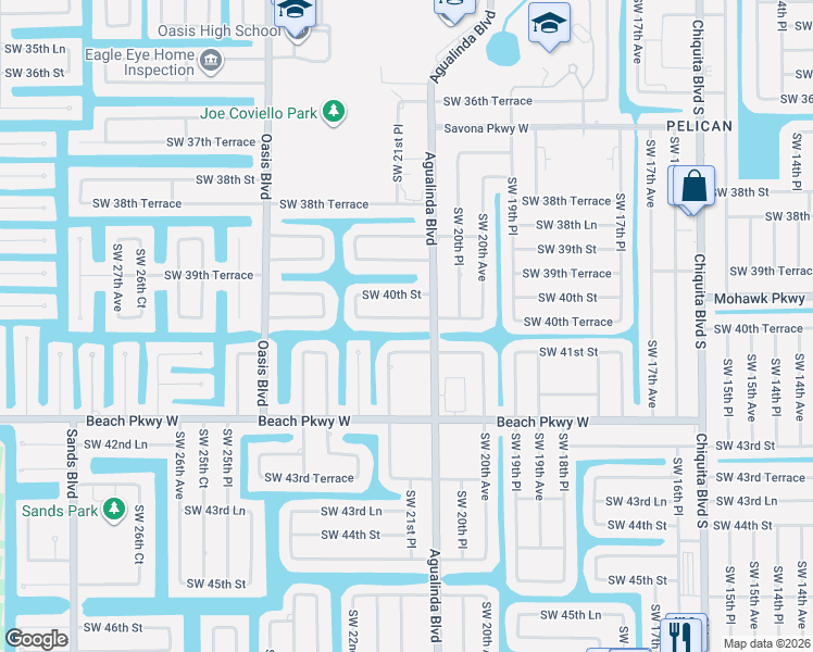 map of restaurants, bars, coffee shops, grocery stores, and more near 2113 Southwest 40th Terrace in Cape Coral