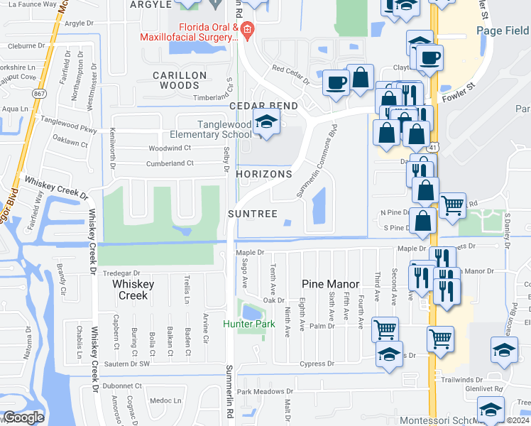 map of restaurants, bars, coffee shops, grocery stores, and more near 5305 Summerlin Road in Fort Myers