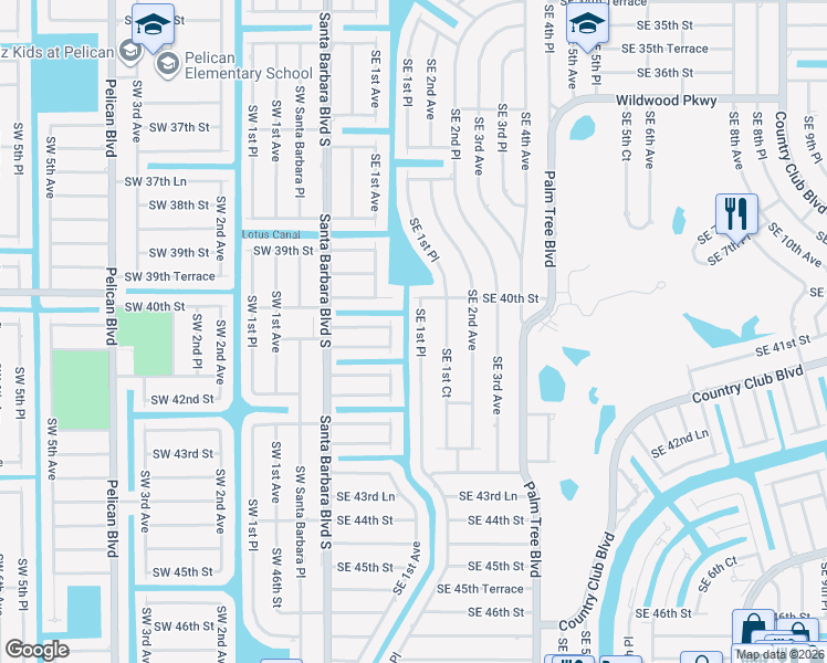map of restaurants, bars, coffee shops, grocery stores, and more near 4015 Southeast 1st Place in Cape Coral