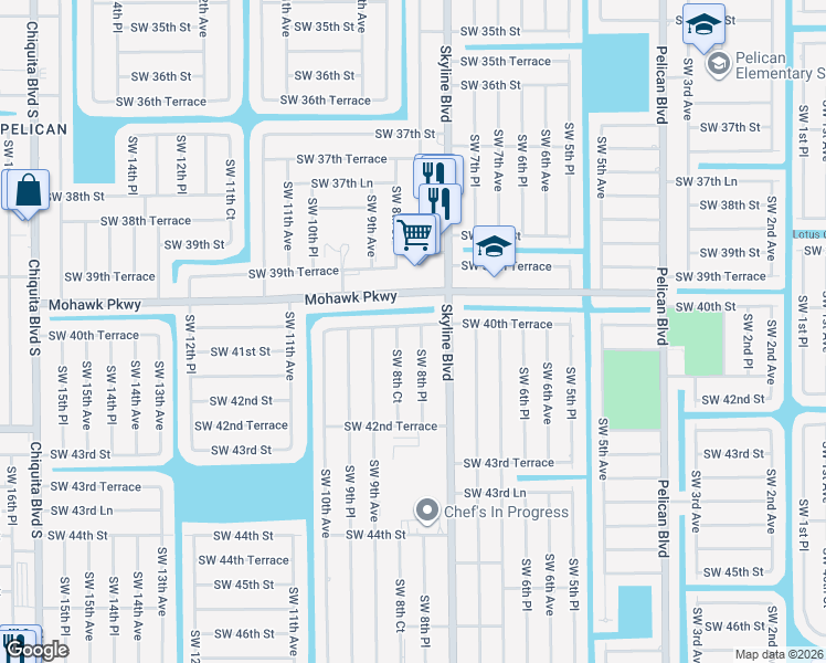 map of restaurants, bars, coffee shops, grocery stores, and more near 811 Southwest 40th Terrace in Cape Coral
