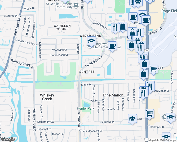 map of restaurants, bars, coffee shops, grocery stores, and more near 5303 Summerlin Road in Fort Myers